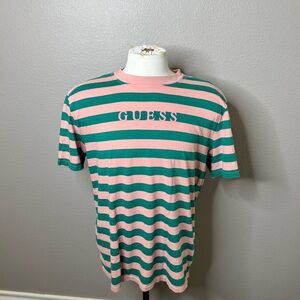 GUESS Men's Striped Tee in Pink and Green